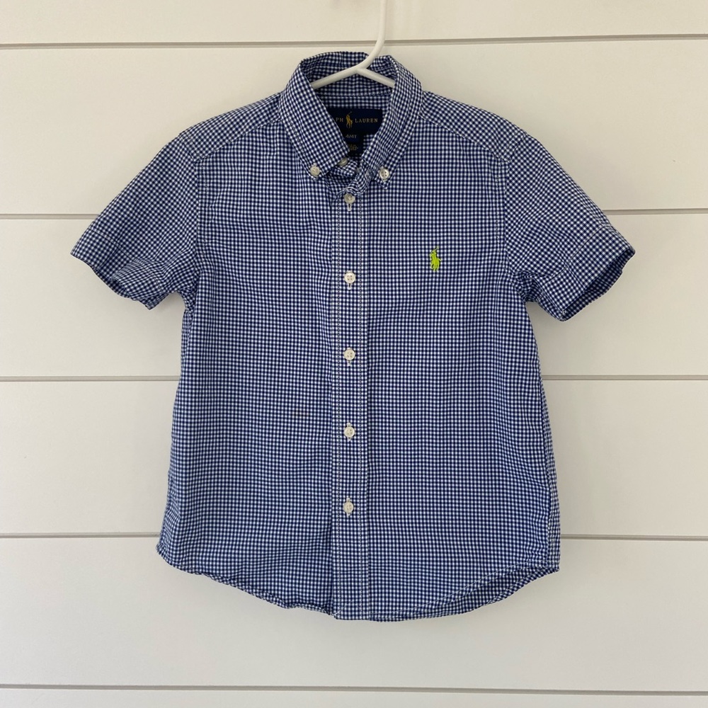 Polo Ralph Lauren boys navy gingham short sleeve button down, size 4/4T